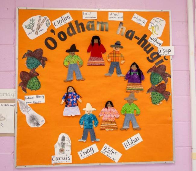 Colorful classroom poster featuring Indigenous words, people, and nature